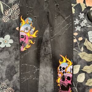 Motive Denim Black Jeans with Skull Design
